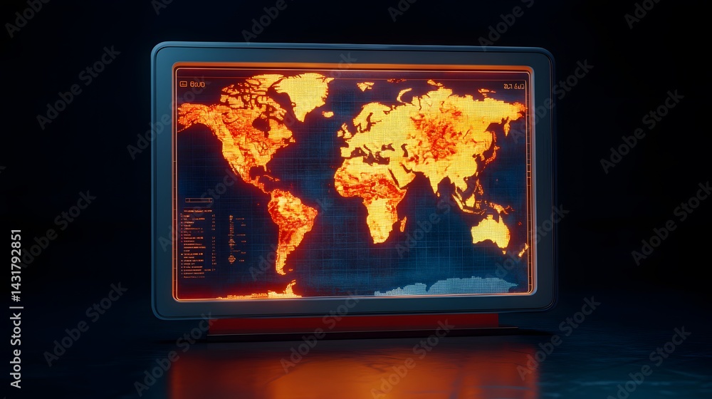 Poster a futuristic display shows a world map with glowing orange hotspots, suggesting global data or an ev