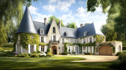 Fototapeta premium A grand, stately, European-style home nestled in a lush garden