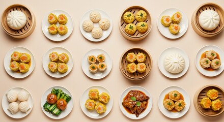 Variety of Dim Sum Dishes Arranged on Plates and Steamer Baskets