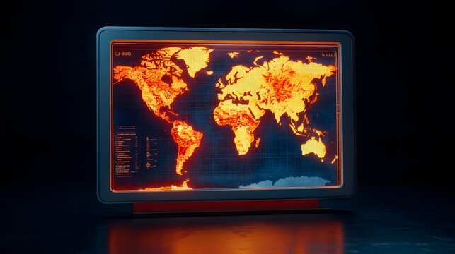 A futuristic display shows a world map with glowing orange hotspots, suggesting global data or an event.  The screen is dark and sleek, adding to the technological feel.