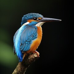 Stunning kingfisher with bright blue and orange feathers on dark background