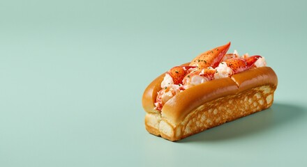 Delicious lobster roll filled with fresh lobster meat on a blue surface
