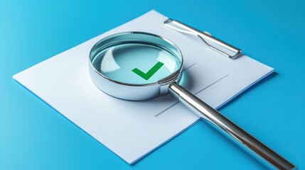 Approved document review; magnifying glass; checkmark; blue background; business concept