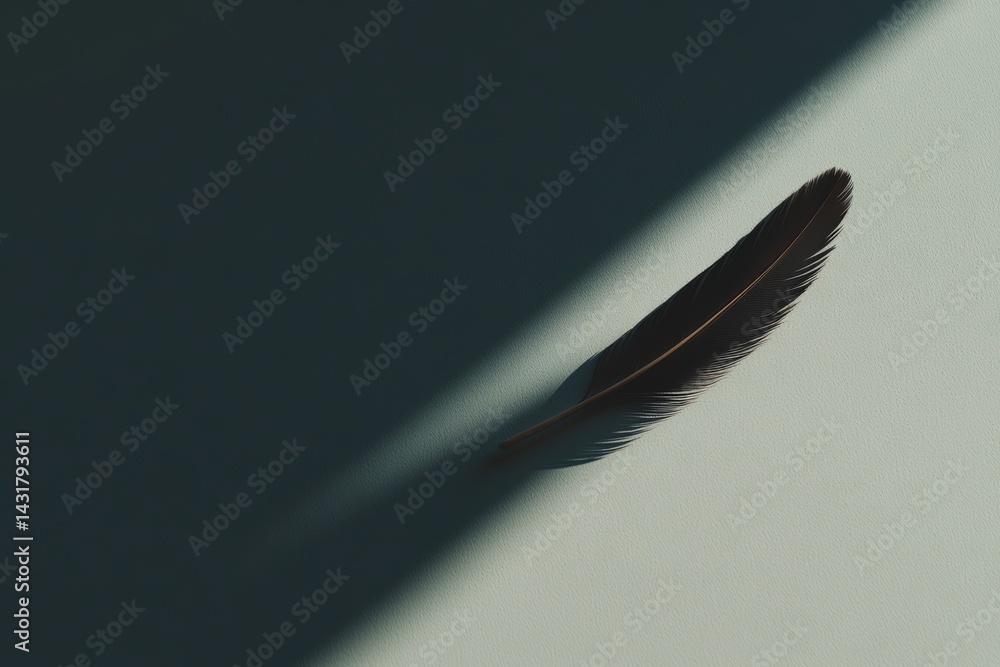 Poster feather rests on a surface casting a serene shadow in the soft afternoon light
