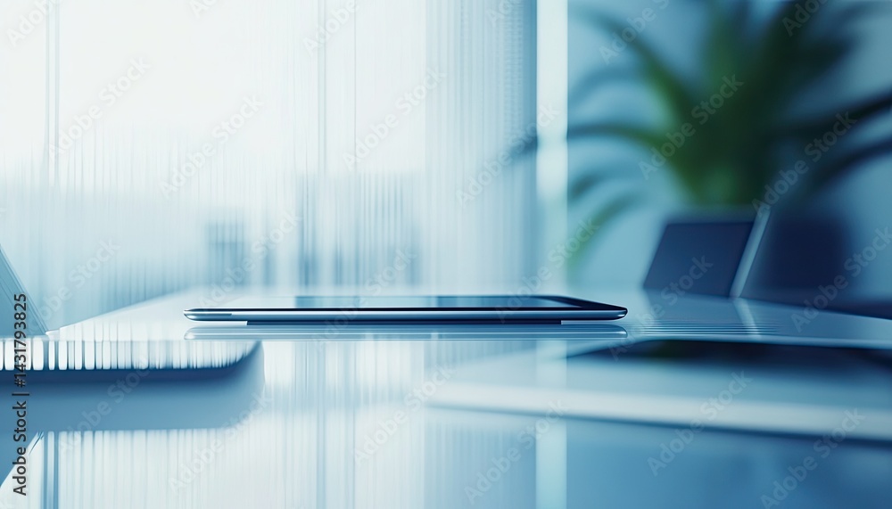 Poster close-up of a digital tablet on a reflective white surface in an office setting with a blurred backg