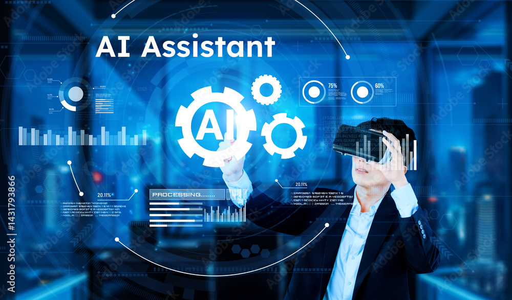 Poster smart project manager pointing at ai chat hologram and wearing headset at modern office. professiona