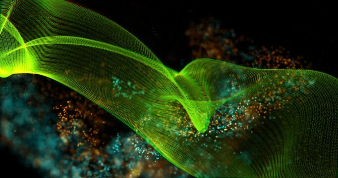 Translucent green mesh wave flowing in 3D render, weaving through glowing orange and cyan particles