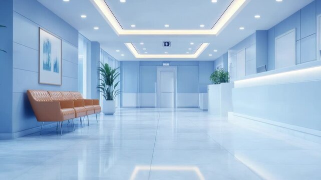 Bright white hospital hallway with reception counter, modern chairs, and potted plants, clean futuristic design with minimalistic interior and natural lighting. Medical facility corridor.