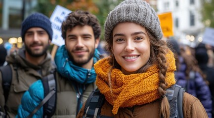 Group of young adults demonstrating together outdoors with signs