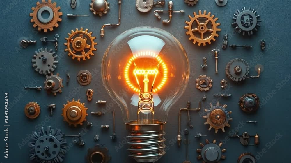 Aufkleber Illuminating Innovation: A glowing light bulb, surrounded by intricate gears and mechanical components, symbolizing ideas and the spark of creativity in a dynamic industrial scene.