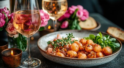 Exquisite Dining Scene with Rose Wine, Gourmet Potatoes, and Romantic Candlelight
