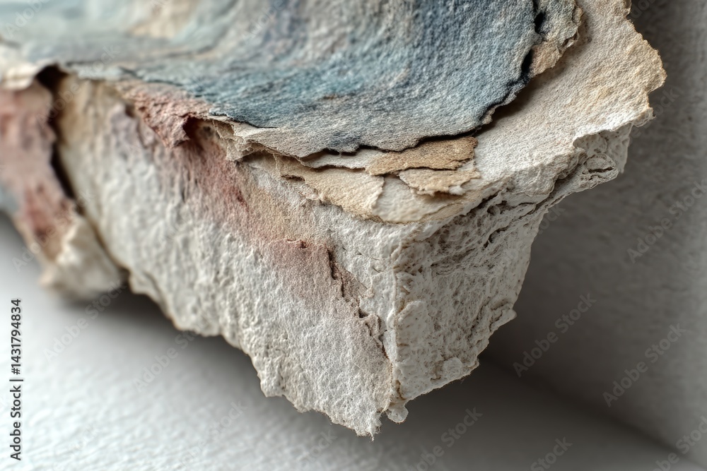 Poster textured layers of handmade paper displayed against a white wall in a soft light environment