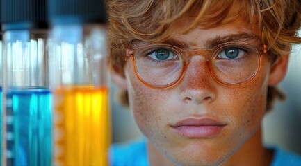 Boy with glasses and freckles conducting scientific experiment in lab