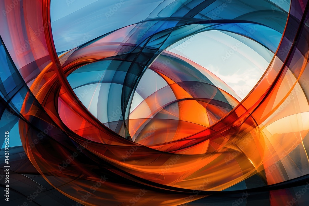 Poster abstract composition with intertwined orange and blue curves on a dark background. background image 