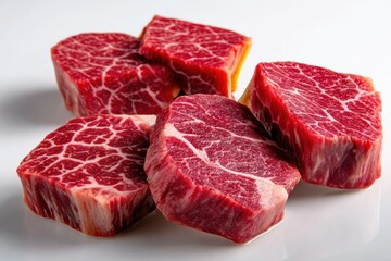 Fototapeta premium Discover the rich marbling of Wagyu beef steak sliced and resting on a clean white surface, ideal for culinary enthusiasts