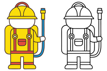 Cartoon Firefighter Holding Blue Hose in Safety Yellow Suit, Outlined Shape Set