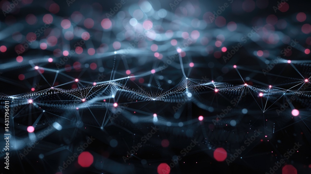 Poster abstract red and black digital network with glowing nodes and connection. digital artwork of digital
