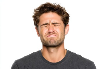 Obraz premium Man grimacing in pain with squinted eyes against plain white background