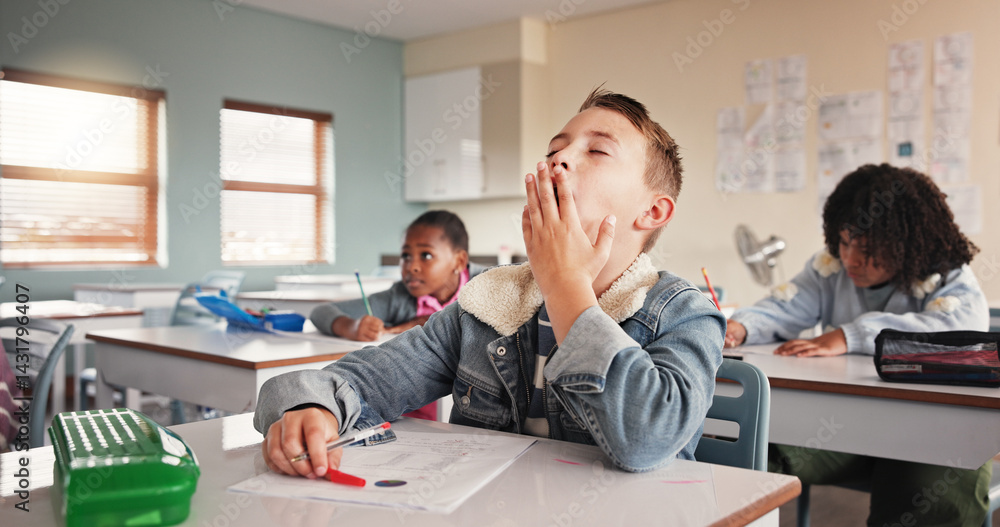 Poster tired, child and student in classroom for education lesson, learning burnout and elementary school. 