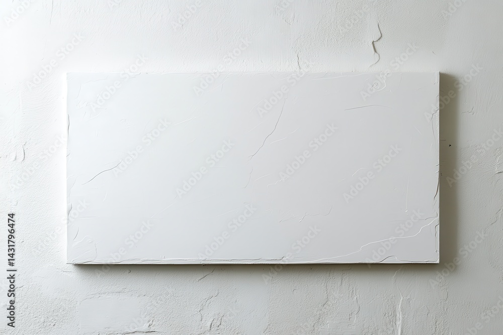 Poster minimalist white rectangular slab mounted on a textured wall, creating a clean and modern architectu
