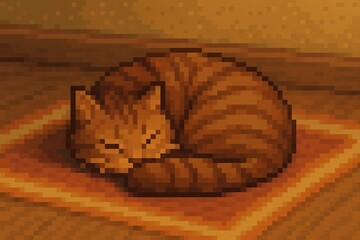 Pixelated cat sleeping on a small carpet in a cozy and warm atmosphere