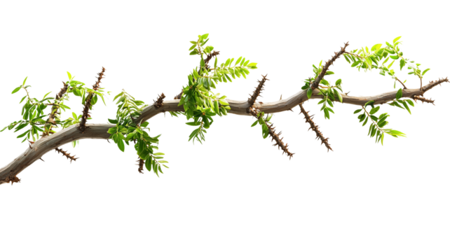 Acacia branch section with vivid green foliage and naturally occurring sharp thorns isolated on transparent background (3)