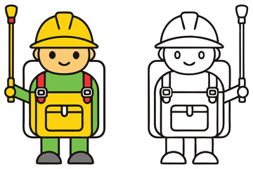 Cartoon Exterminator with Sprayer and Backpack, Outline and Colored Version