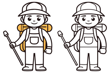 Two cartoon hikers carrying backpacks and holding walking sticks line drawing