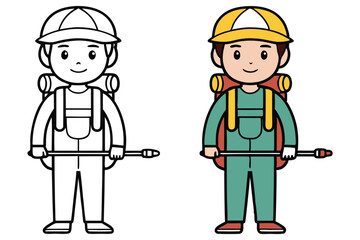 Cartoon Asian Worker Standing with Equipment Line Art and Colored Cartoon