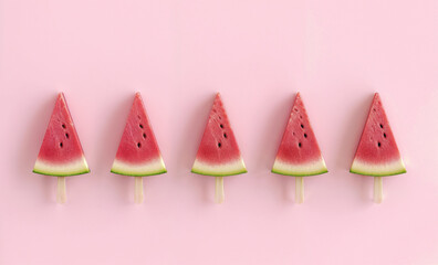 watermelon slices creatively shaped like ice cream, presented on a pastel pink background, showcasing a minimalist design; concept of summer, freshness, and playful food art