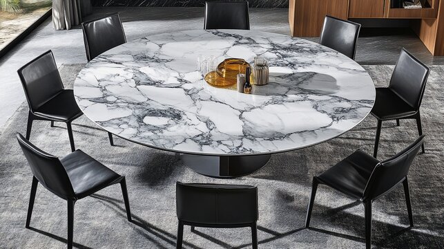 Modern round dining table with black chairs.  Large, round, marble top table, surrounding black leather chairs