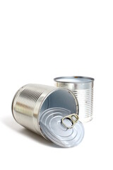 On a white background there are two empty containers from canned food.	