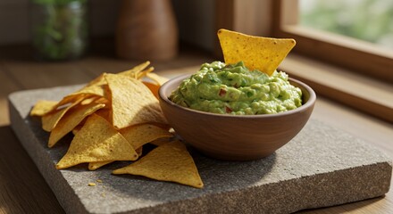 Delicious guacamole dip served with tortilla chips for a tasty appetizer.