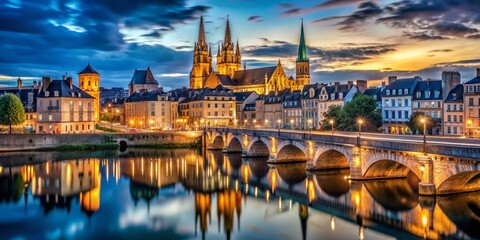 Naklejka premium Night Cityscape of Caen, France: Illuminated Architecture & Attractions