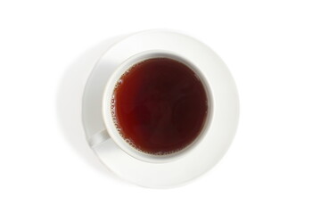 A white cup of tea stands on a white background.	