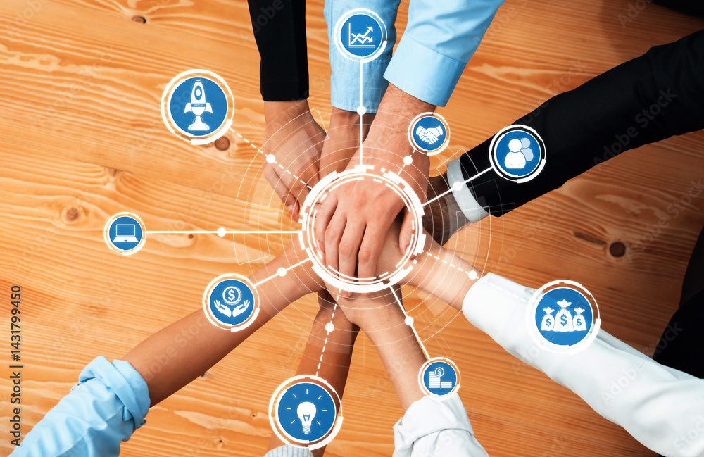 Poster a dynamic display of teamwork with diverse hands uniting on a wooden table, surrounded by circular i