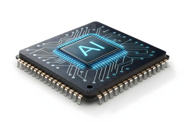 Modern CPU Microchip with Glowing AI Circuitry on White Backdrop, High Detail Design