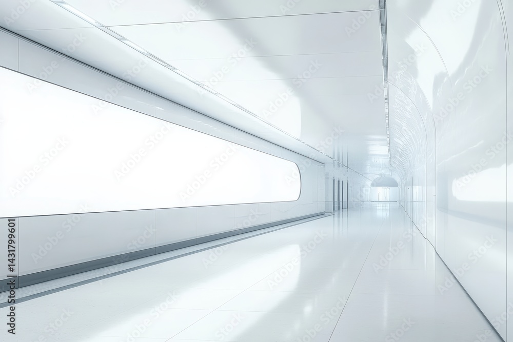 Poster sleek, modern architecture featuring a minimalist white hallway with a smooth, reflective floor and 