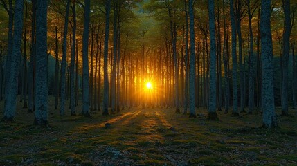 Fototapeta premium Sunset in the mystical forest, golden rays of light filtering through the trees creating a magical ambiance