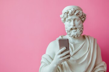 Funny gypsum statue man texting on smartphone