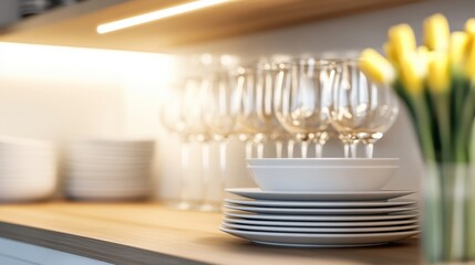 A beautifully arranged kitchen shelf showcasing elegant glassware and white dishware with flowers