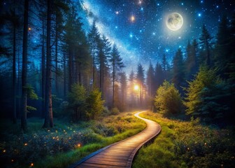 Obraz premium Night Hiking Trail, Starry Sky, Wilderness Adventure, Moonlight Path, Dark Forest Path