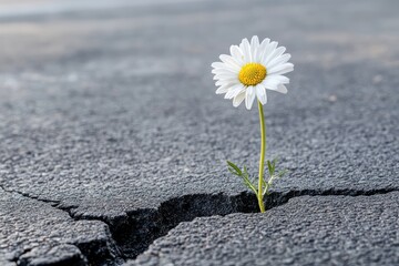 Daisy flower growing through cracked asphalt road