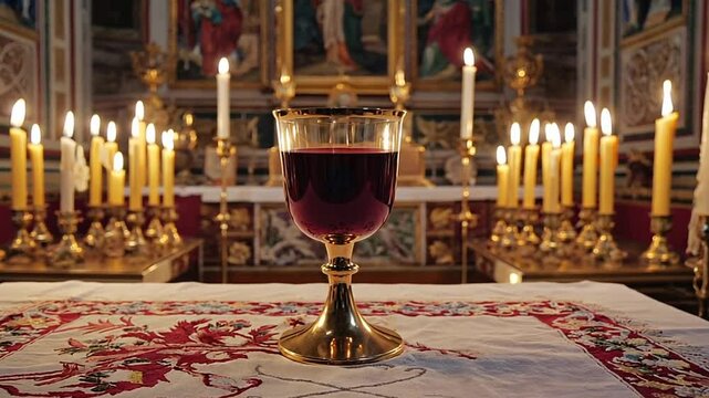 Chalice with wine in the church.