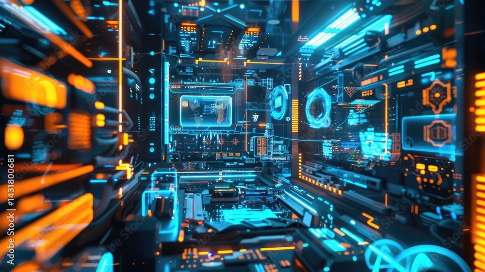 Poster futuristic glowing data center interior with holographic displays. digital art for design of enginee