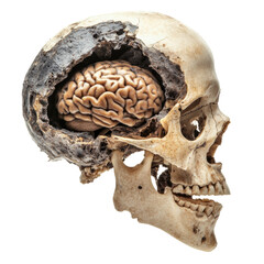Fototapeta premium Human Skull with Exposed Brain Illustration for Educational Purposes in Anatomy and Biology Studies on transparent background