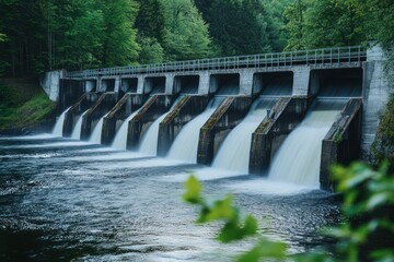 Hydroelectric dam generating power in forest setting