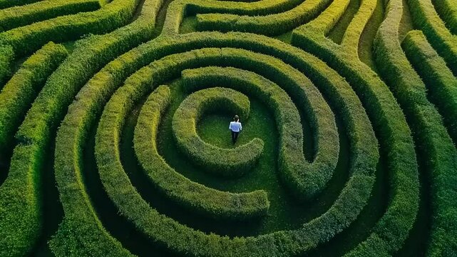 Aerial view of a person navigating through a lush green maze with intricate patterns