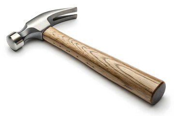 Claw Hammer Isolated Shiny Steel Head, Light Wooden Handle, Closeup, White Background