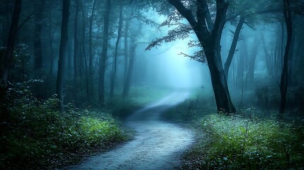 Obraz premium Mystical forest path winding through a misty, twilight wood.
